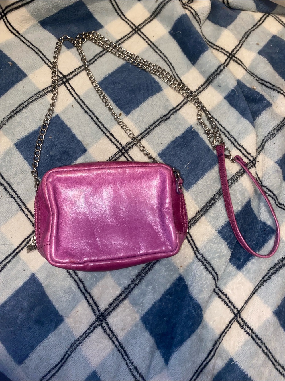 HOBO Shiny Magenta Crossbody with Silver Chain and Matching Strap